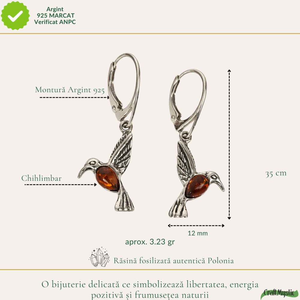 Cercei Argint 925 Pasarea Colibri cu Chihlimbar Rosu – Energie, Bucurie si Eleganta Naturală [4]