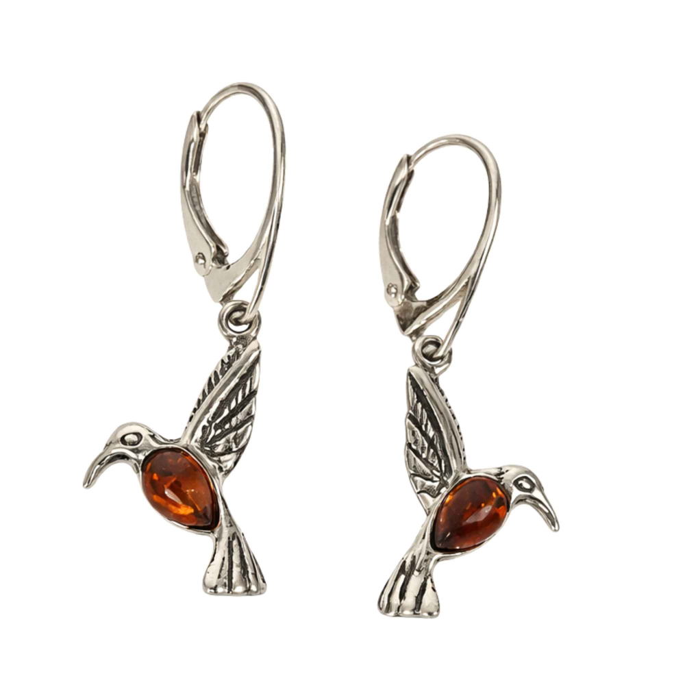 Cercei Argint 925 Pasarea Colibri cu Chihlimbar Rosu – Energie, Bucurie si Eleganta Naturală [1]