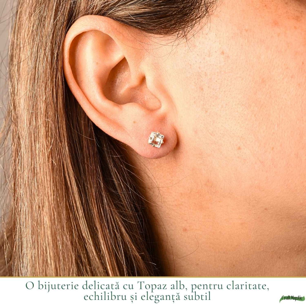 Cercei Argint 925 cu Topaz Alb Fatetat Patrat – Claritate si Eleganta Delicata [2]