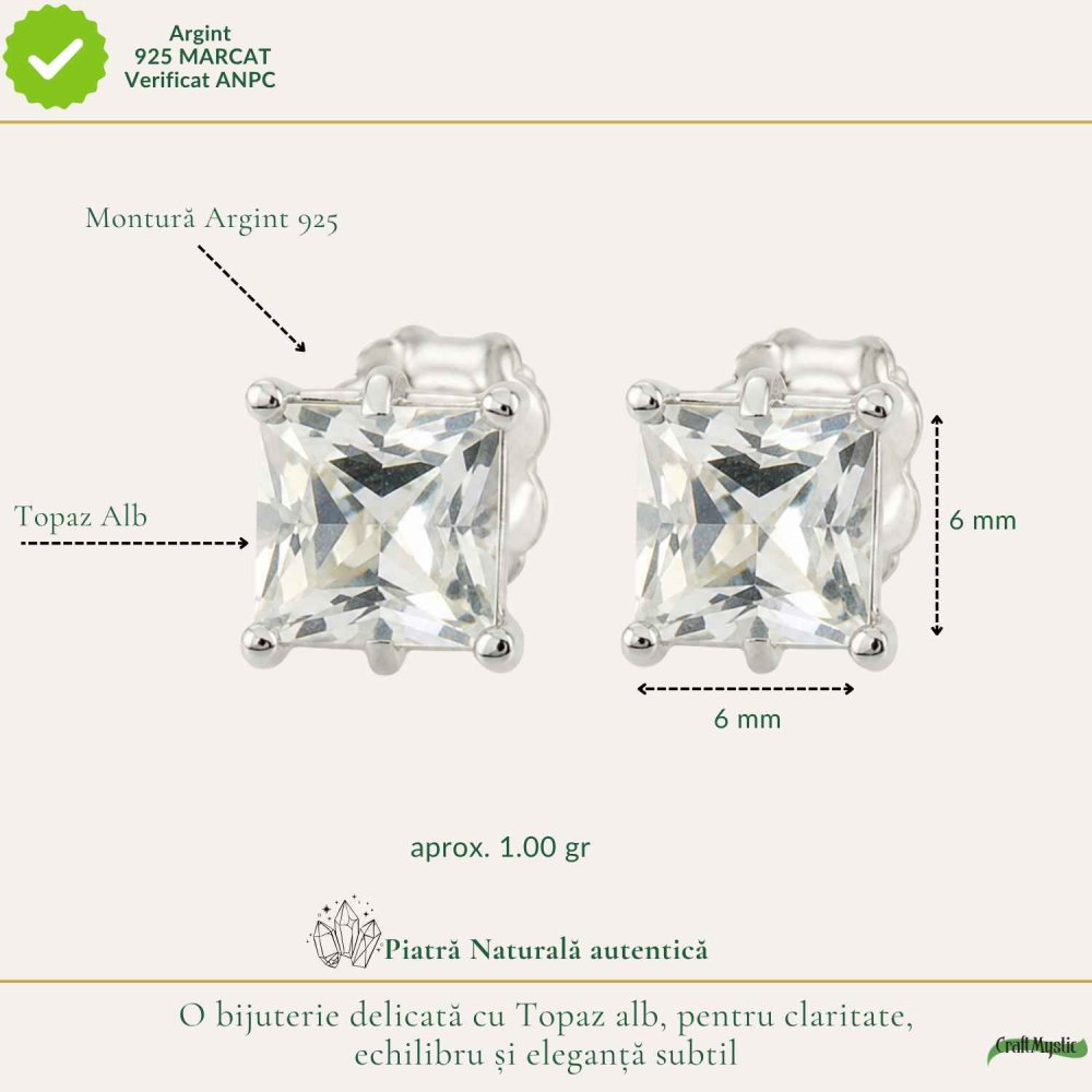 Cercei Argint 925 cu Topaz Alb Fatetat Patrat – Claritate si Eleganta Delicata [4]
