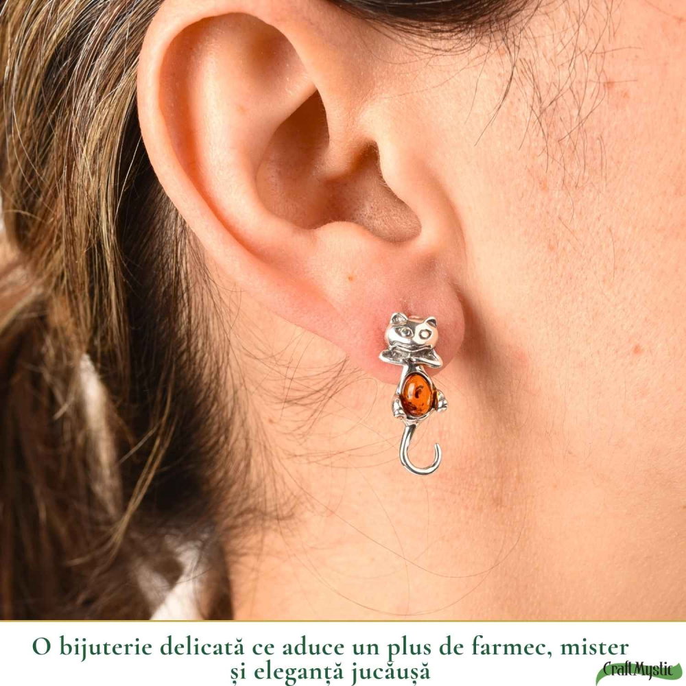 Cercei Argint 925 Pisica cu Chihlimbar – Protectie, Intuitie si Eleganta Delicata [2]