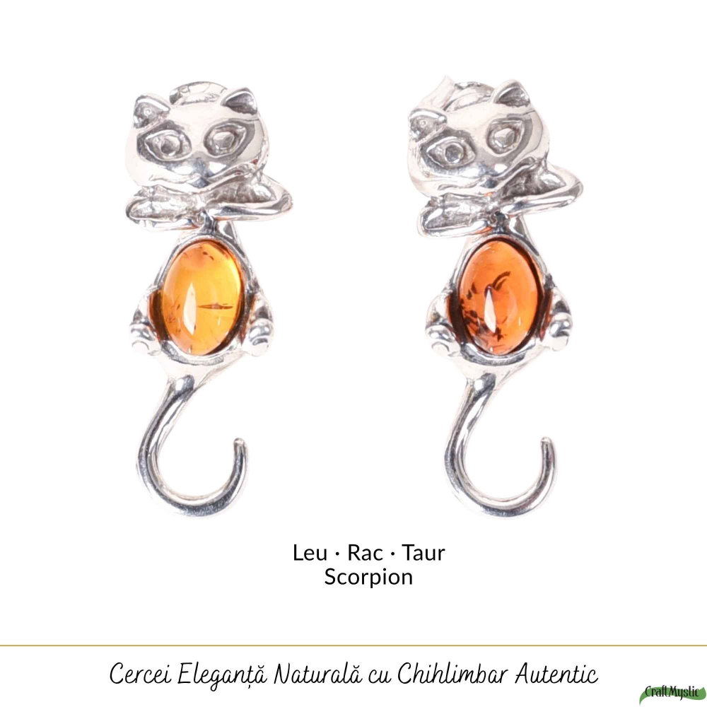 Cercei Argint 925 Pisica cu Chihlimbar – Protectie, Intuitie si Eleganta Delicata [5]