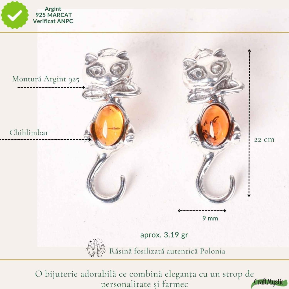 Cercei Argint 925 Pisica cu Chihlimbar – Protectie, Intuitie si Eleganta Delicata [4]