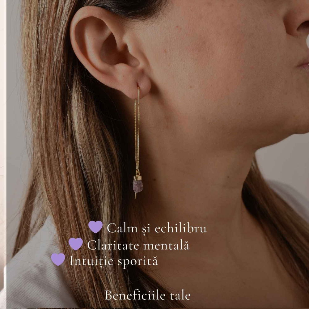 Cercei Argint 925 Placat Aur 18K cu Ametist Brut pe Lant – Calm, Claritate si Eleganta [3]