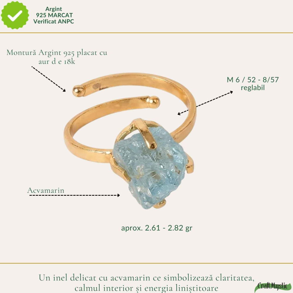 Inel Argint 925 Placat cu Aur 18K cu Acvamarin Brut – Calm Interior si Claritate [4]