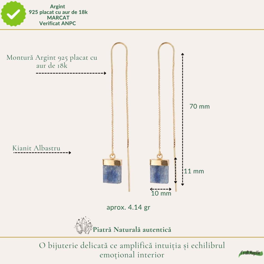 Cercei Argint 925 Placat cu Aur 18K cu Kianit Albastru Brut – Intuitie si Claritate [4]