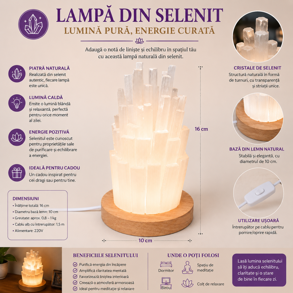 Lampa din Selenit Natural cu Baza din Lemn – Purificare, Liniste si Energie Pozitiva [6]