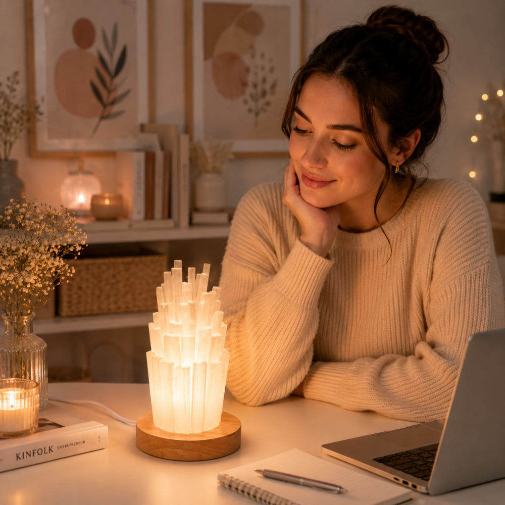 Lampa din Selenit Natural cu Baza din Lemn – Purificare, Liniste si Energie Pozitiva [3]