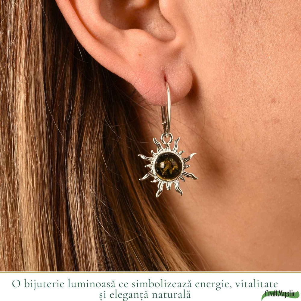Cercei Argint 925 Soare cu Chihlimbar Verde – Energie, Vitalitate si Lumina [2]