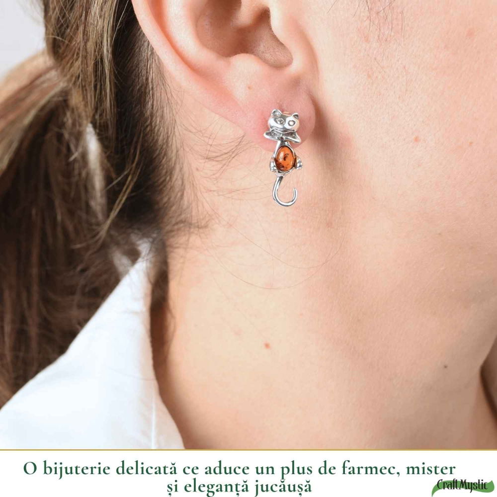 Cercei Argint 925 Pisica cu Chihlimbar – Protectie, Intuitie si Eleganta Delicata [2]