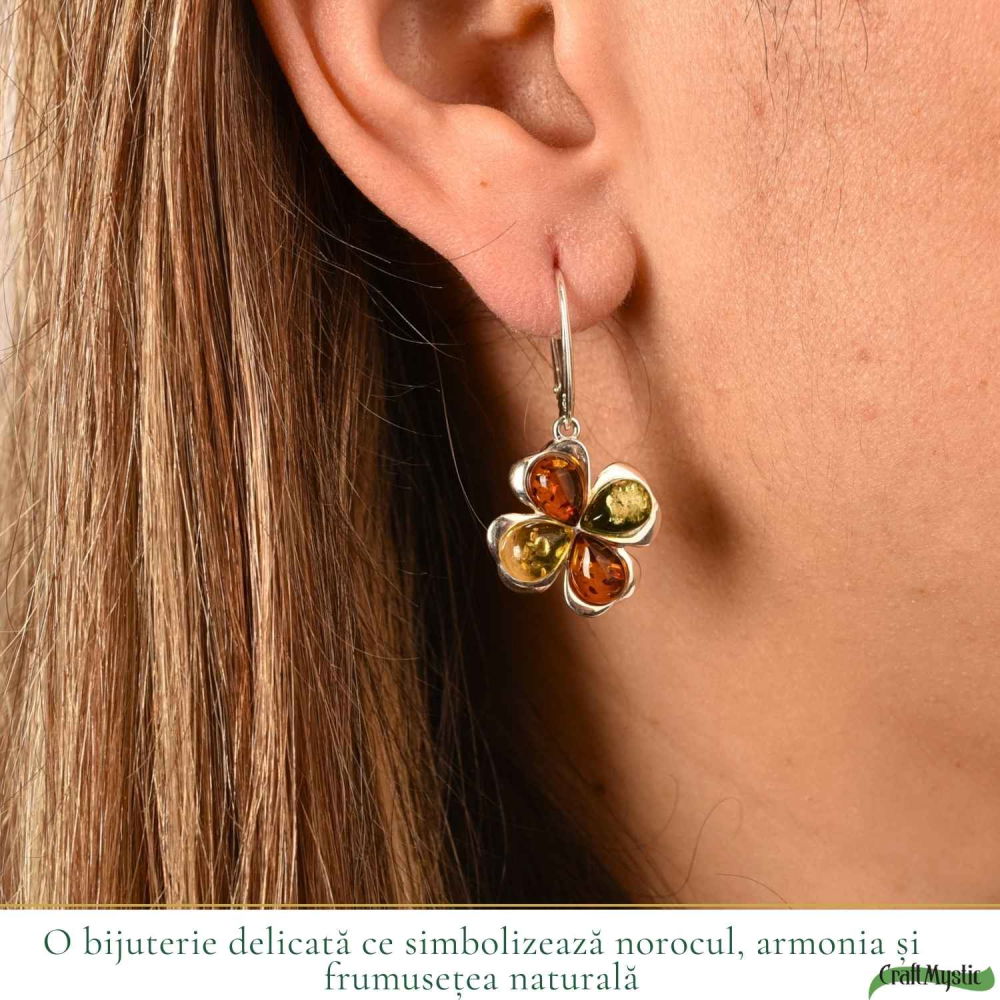 Cercei Argint 925 Trifoi cu Chihlimbar Multicolor – Noroc, Energie Pozitiva si Eleganta [2]