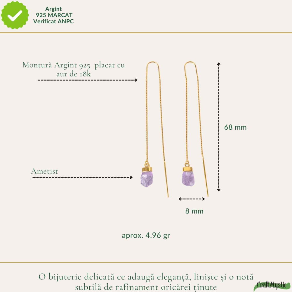 Cercei Argint 925 Placat Aur 18K cu Ametist Brut pe Lant – Calm, Claritate si Eleganta [4]