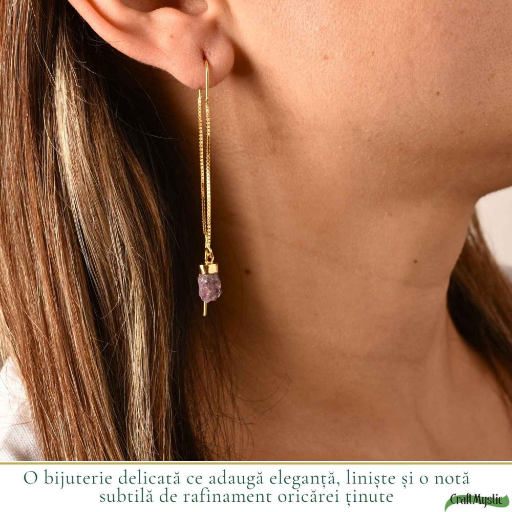 Cercei Argint 925 Placat Aur 18K cu Ametist Brut pe Lant – Calm, Claritate si Eleganta [2]