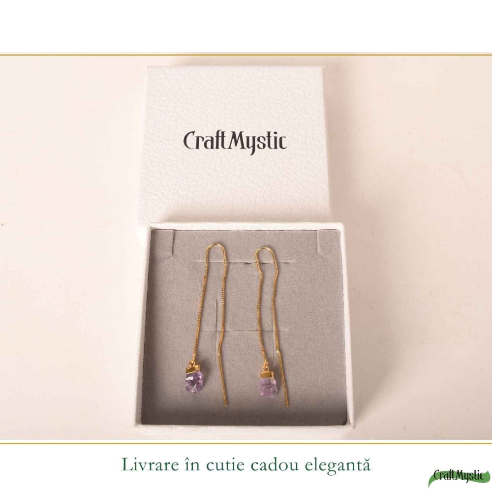 Cercei Argint 925 Placat Aur 18K cu Ametist Brut pe Lant – Calm, Claritate si Eleganta [6]