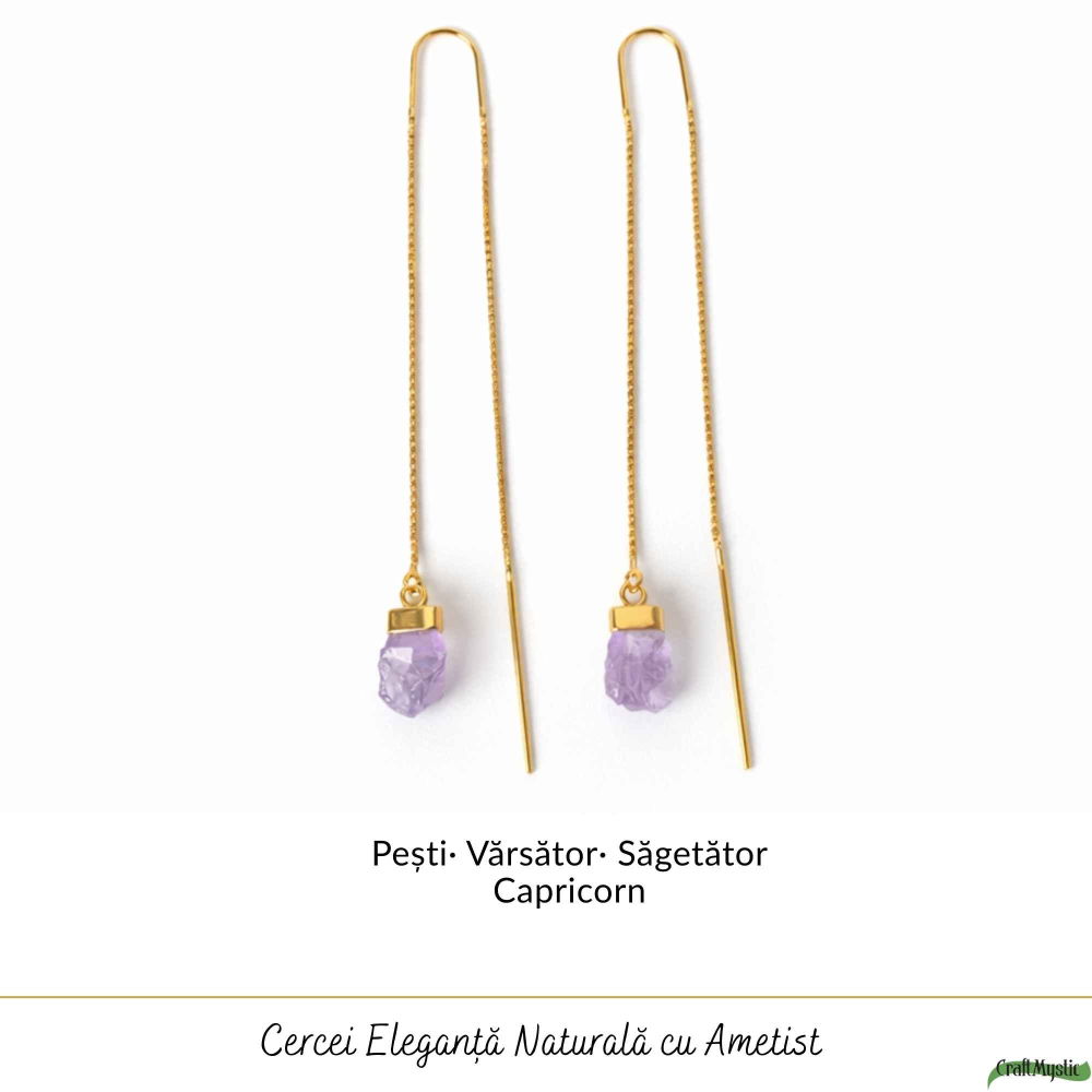 Cercei Argint 925 Placat Aur 18K cu Ametist Brut pe Lant – Calm, Claritate si Eleganta [5]