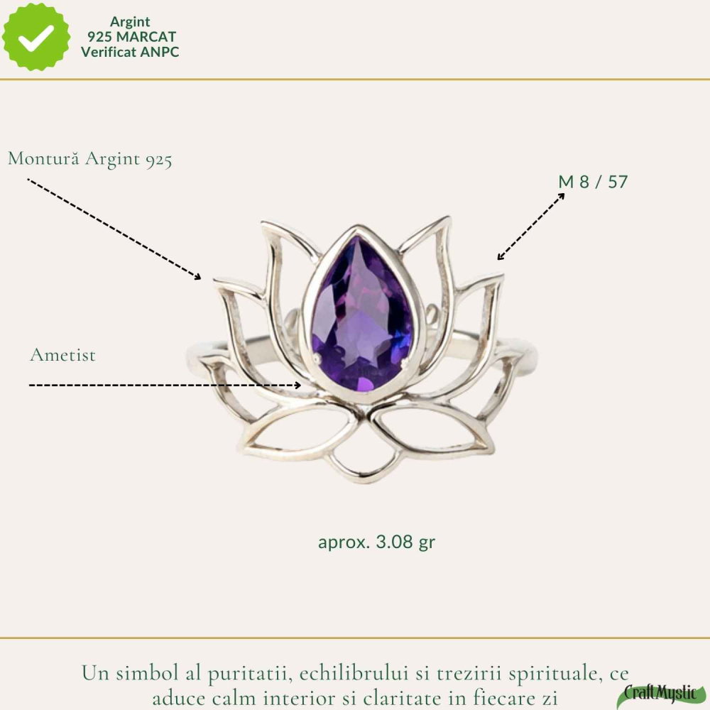 Inel Argint 925 Floare de Lotus cu Ametist Natural – Echilibru si Claritate Interioara [4]
