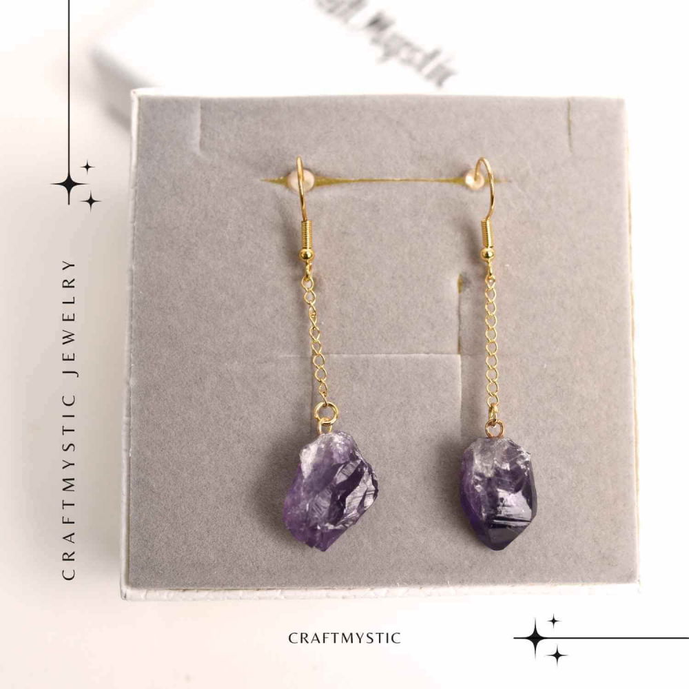 Cercei Aurii cu Lant si Ametist Brut, Eleganta si Calm Interior [6]