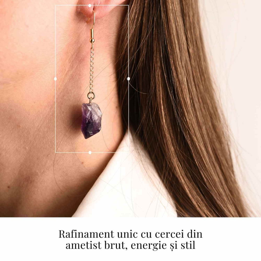 Cercei Aurii cu Lant si Ametist Brut, Eleganta si Calm Interior [2]