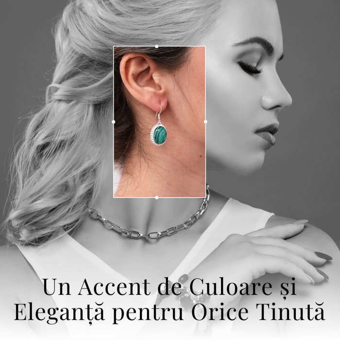 Cercei Argintii Eleganti cu Malachit Natural Oval de 16mm [5]
