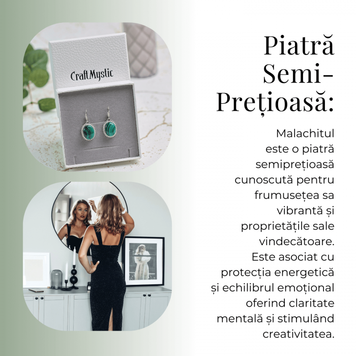 Cercei Argintii Eleganti cu Malachit Natural Oval de 16mm [6]