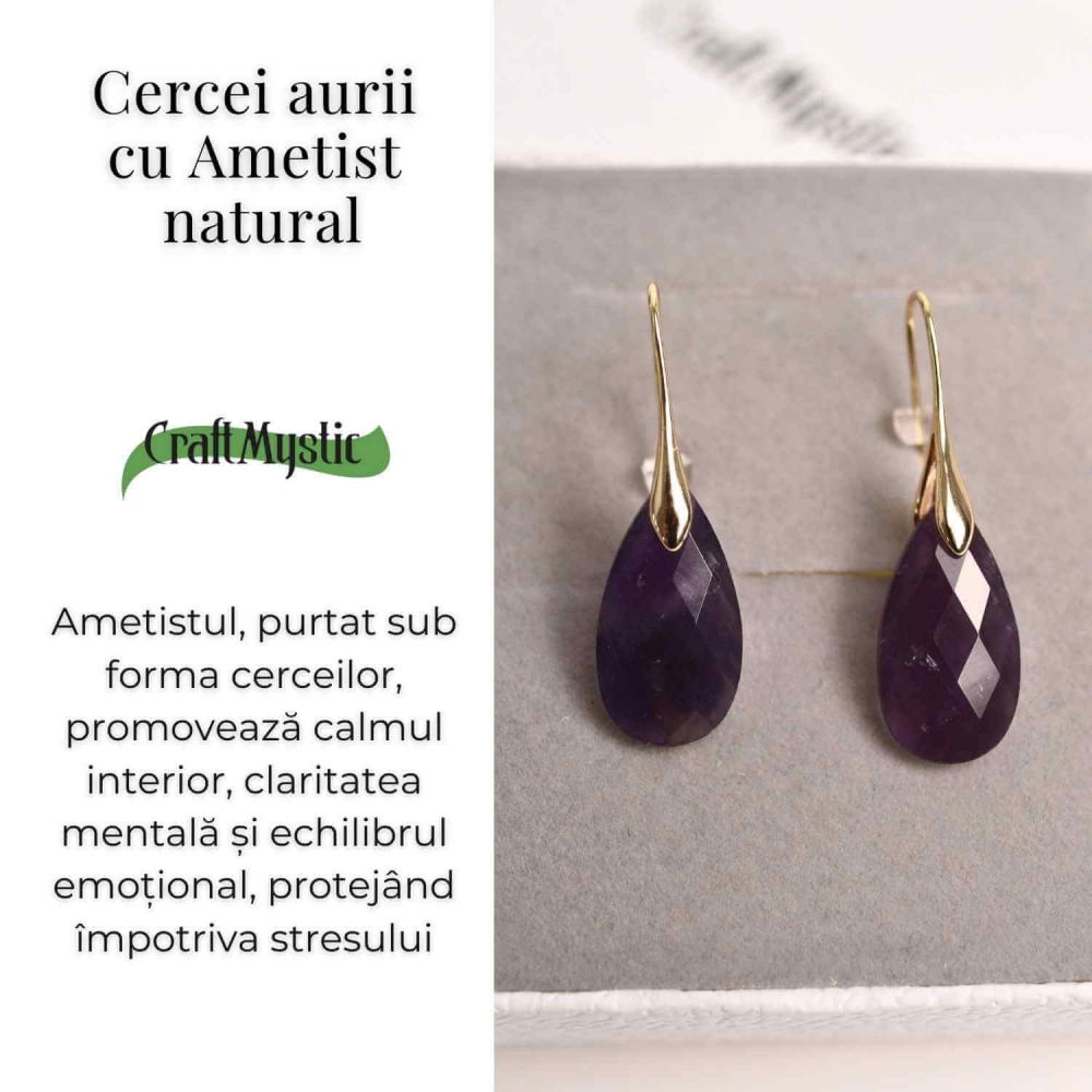 Cercei Aurii eleganti cu Ametist natural Fatetat – Eleganta si Calm Interioar [3]
