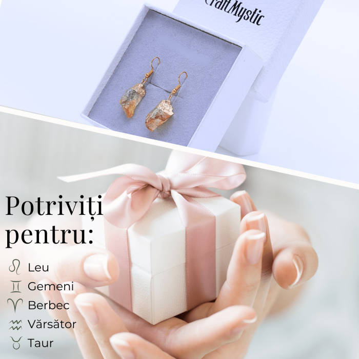 Cercei aurii cu citrin brut neregulat, pentru energie si prosperitate [5]