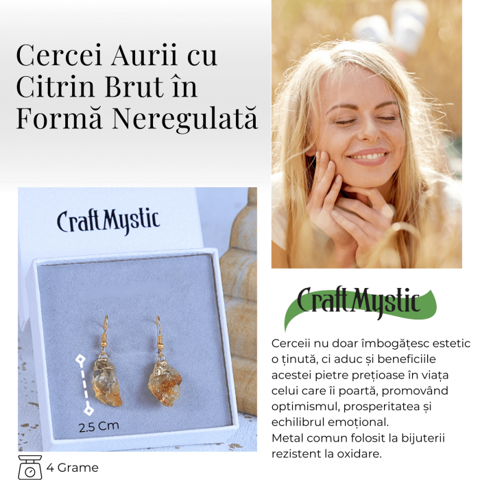 Cercei aurii cu citrin brut neregulat, pentru energie si prosperitate [4]