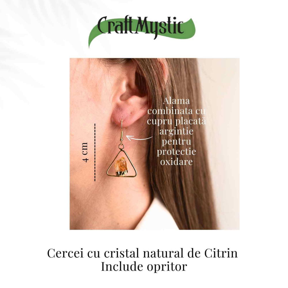 Cercei Aurii Triunghi cu Citrin, Eleganta si Energie Pozitiva [3]