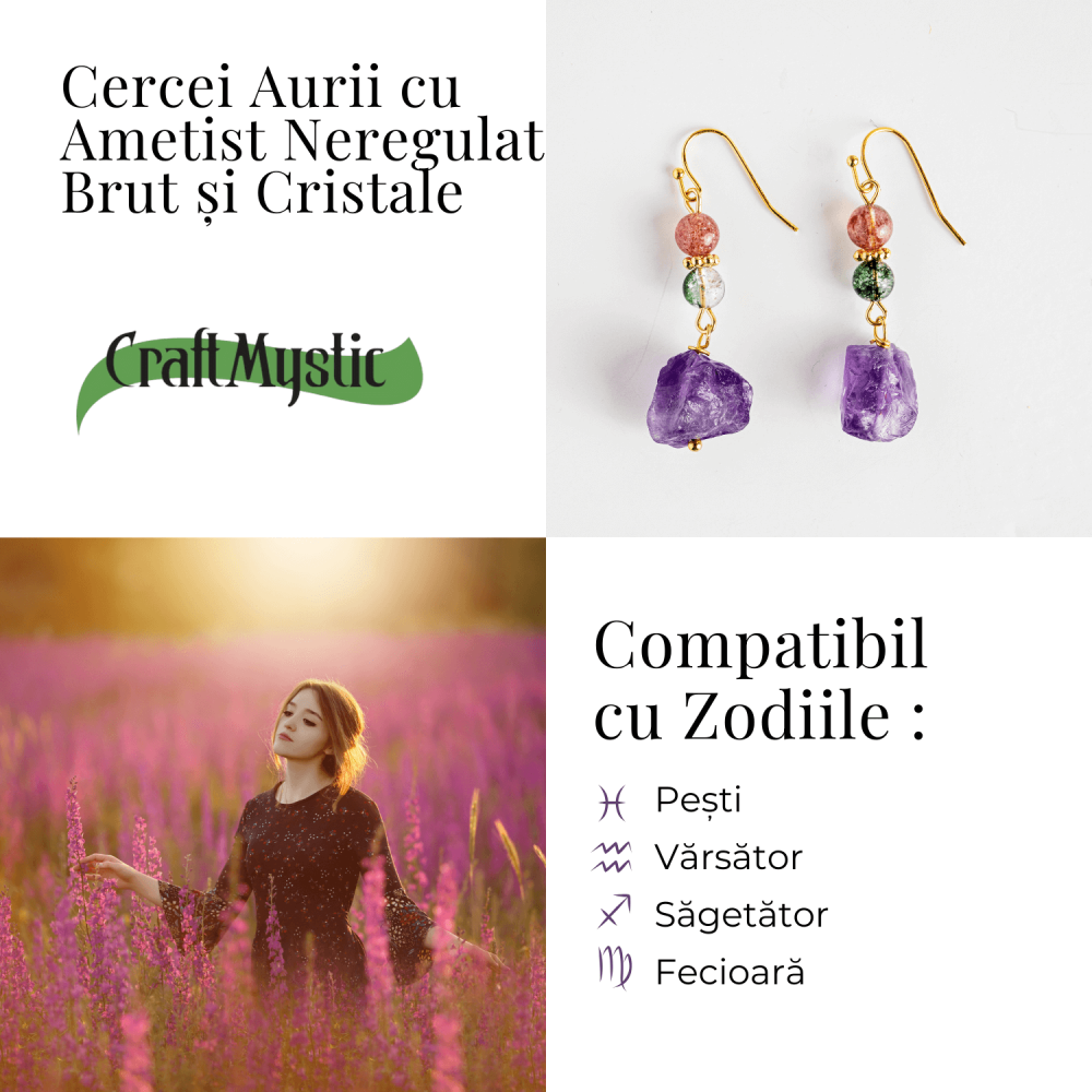 Cercei Aurii cu Ametist Brut, Cristal Capsuna si Green Phantom - Unici si Eleganti [5]