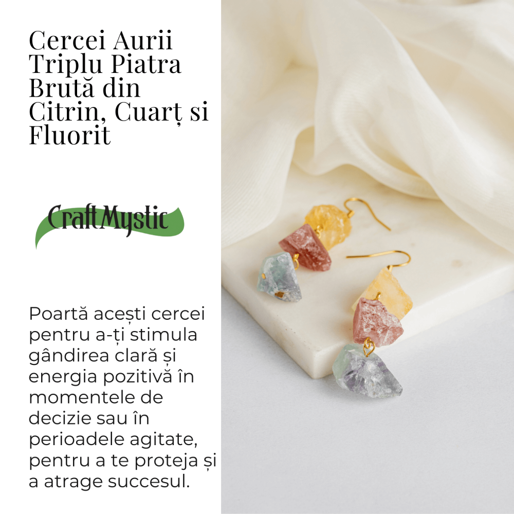 Cercei Aurii cu Citrin, Cuart Roz si Fluorit – Energie Pozitiva si Unicitate [3]