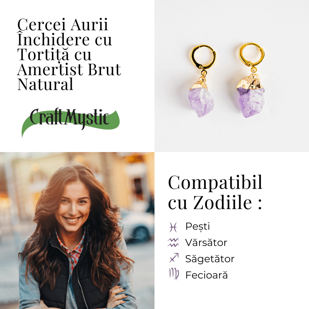 Cercei Aurii cu Ametist Brut Natural –Energie si Echilibru [5]