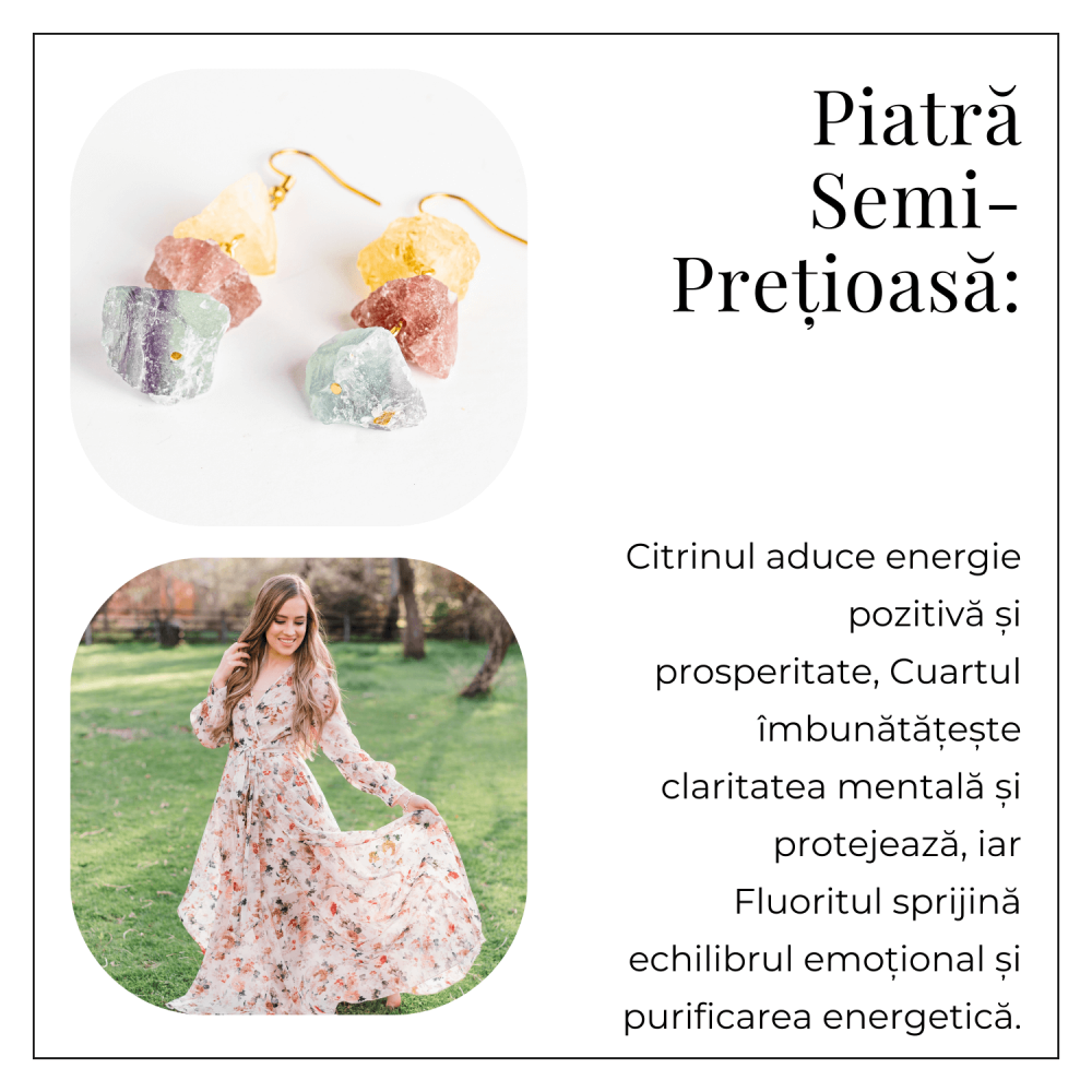 Cercei Aurii cu Citrin, Cuart Roz si Fluorit – Energie Pozitiva si Unicitate [6]