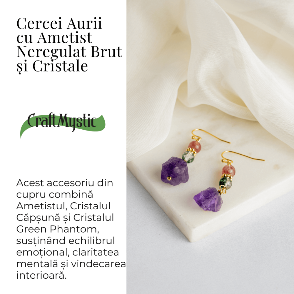 Cercei Aurii cu Ametist Brut, Cristal Capsuna si Green Phantom - Unici si Eleganti [3]