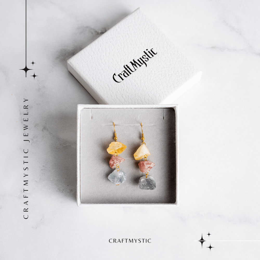 Cercei Aurii cu Citrin, Cuart Roz si Fluorit – Energie Pozitiva si Unicitate [8]