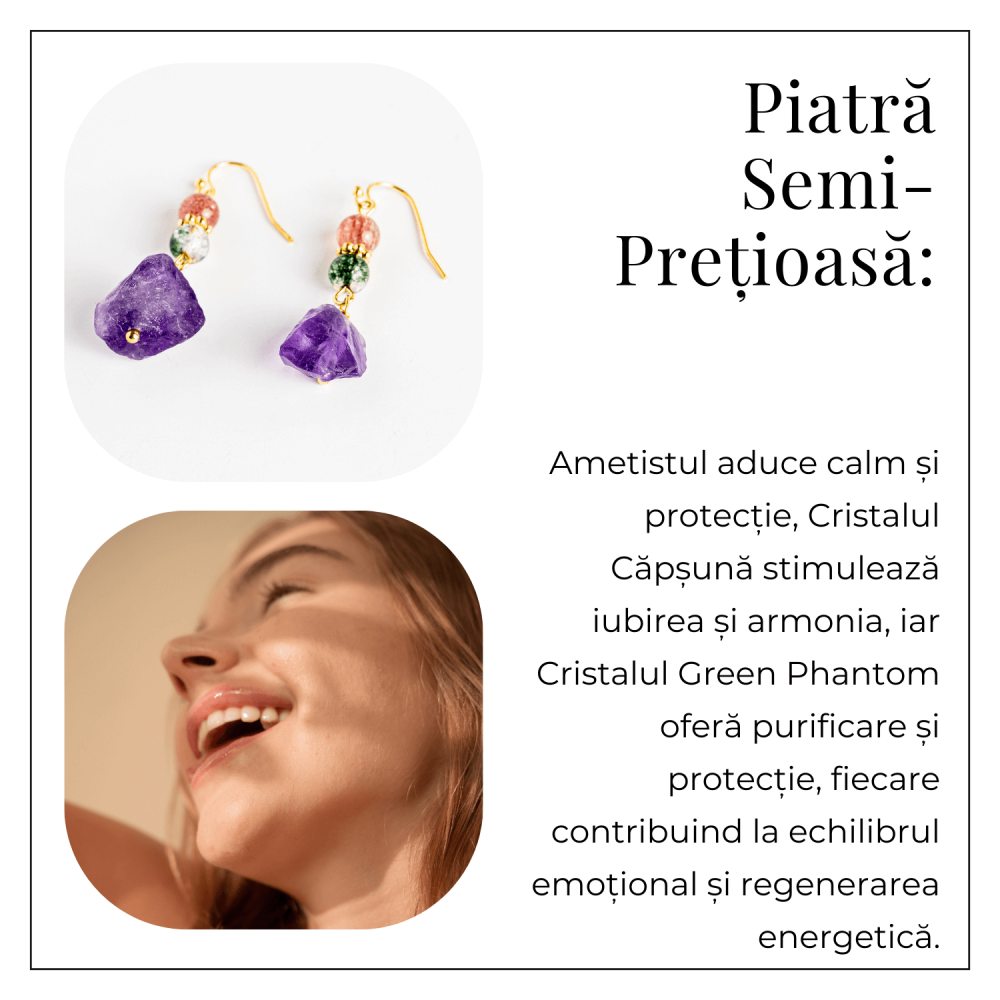 Cercei Aurii cu Ametist Brut, Cristal Capsuna si Green Phantom - Unici si Eleganti [6]