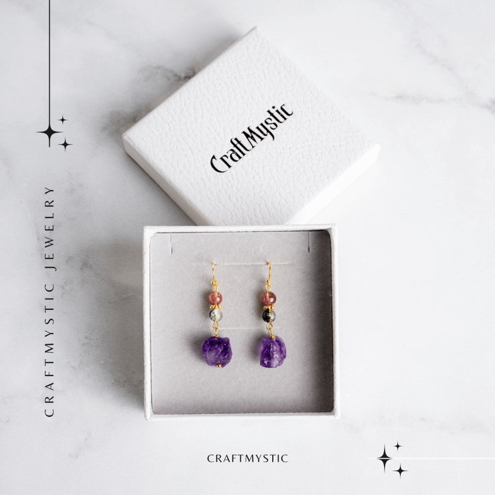 Cercei Aurii cu Ametist Brut, Cristal Capsuna si Green Phantom - Unici si Eleganti [7]