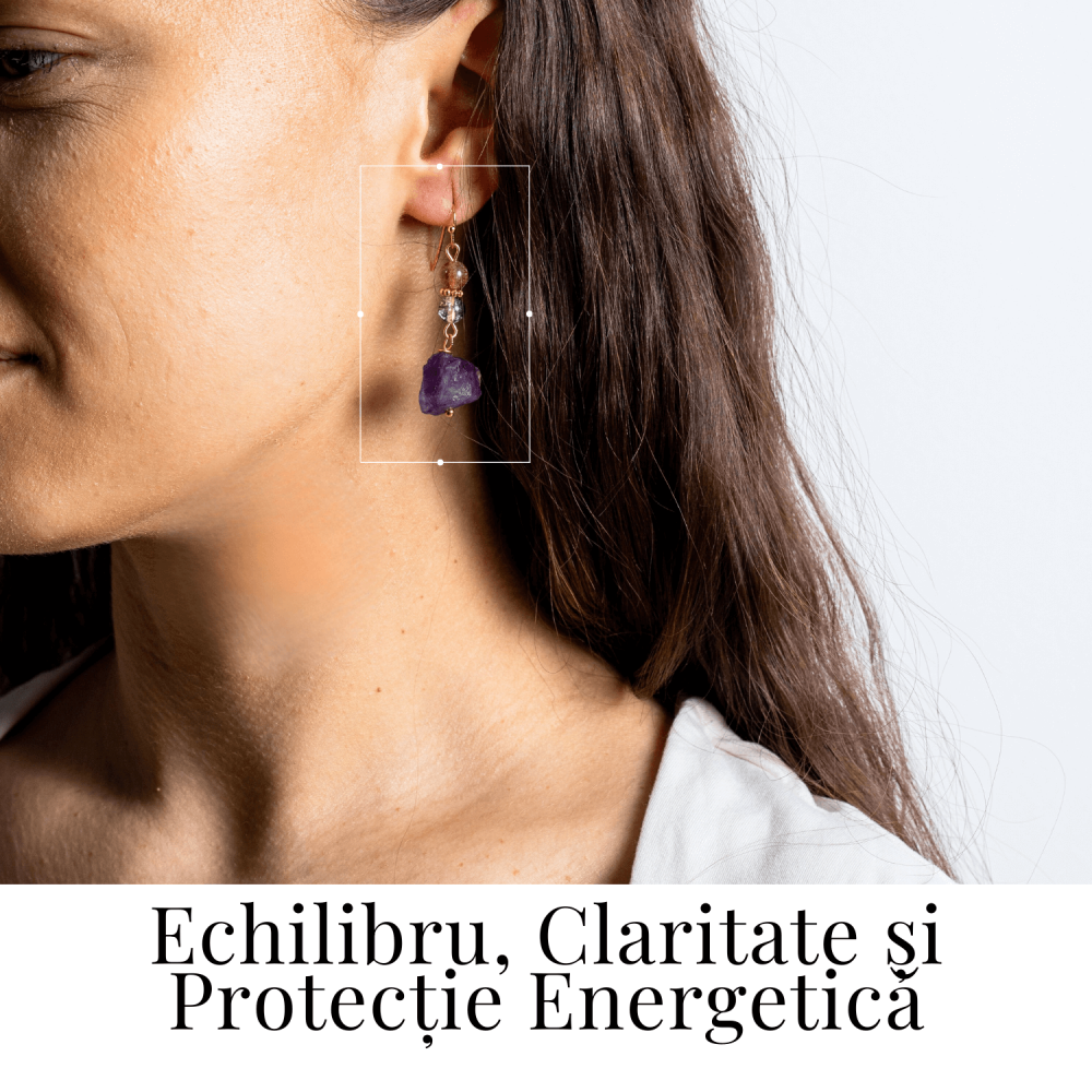 Cercei Aurii cu Ametist Brut, Cristal Capsuna si Green Phantom - Unici si Eleganti [2]