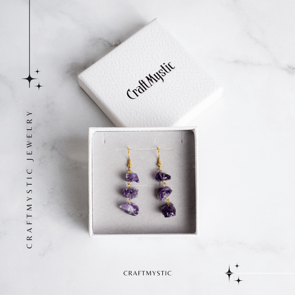 Cercei Aurii cu Triplu Piatra Ametist Brut Natural – Energie, Stil si Unicitate [8]