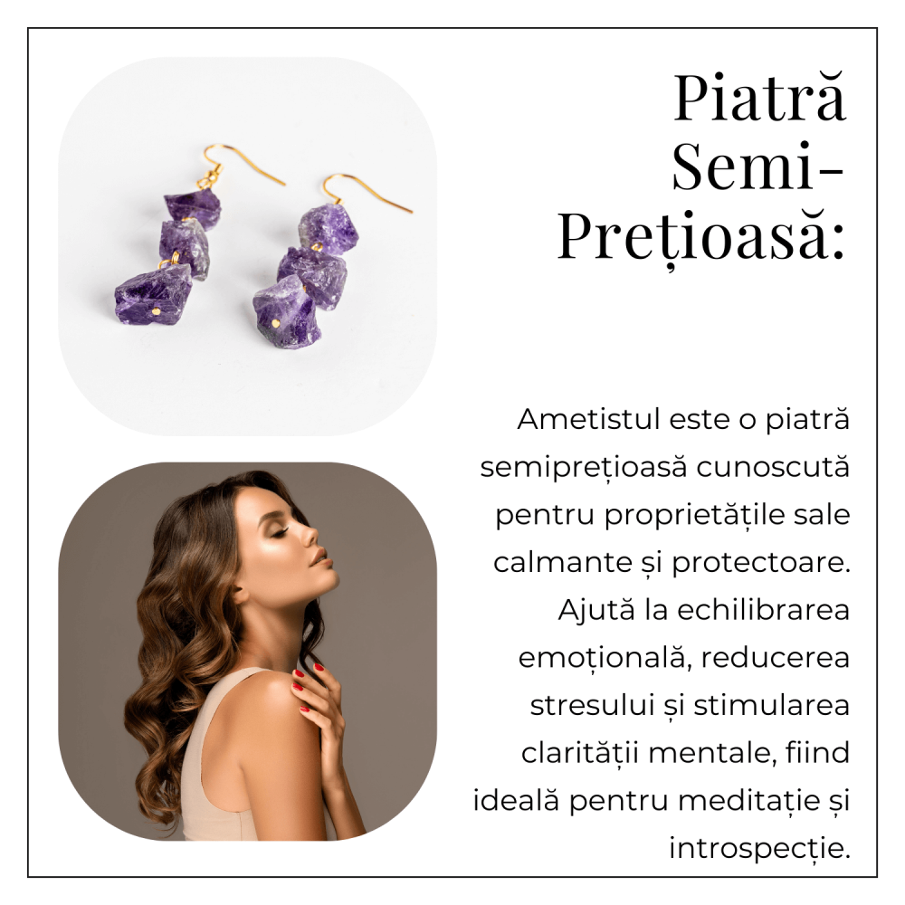 Cercei Aurii cu Triplu Piatra Ametist Brut Natural – Energie, Stil si Unicitate [6]