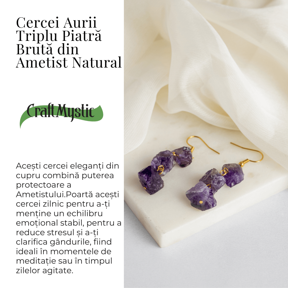 Cercei Aurii cu Triplu Piatra Ametist Brut Natural – Energie, Stil si Unicitate [3]