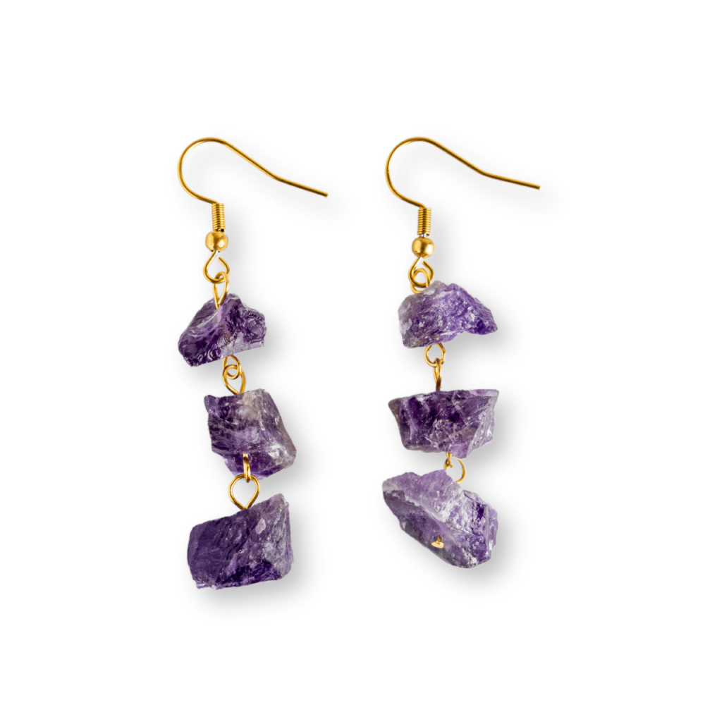 Cercei Aurii cu Triplu Piatra Ametist Brut Natural – Energie, Stil si Unicitate [1]