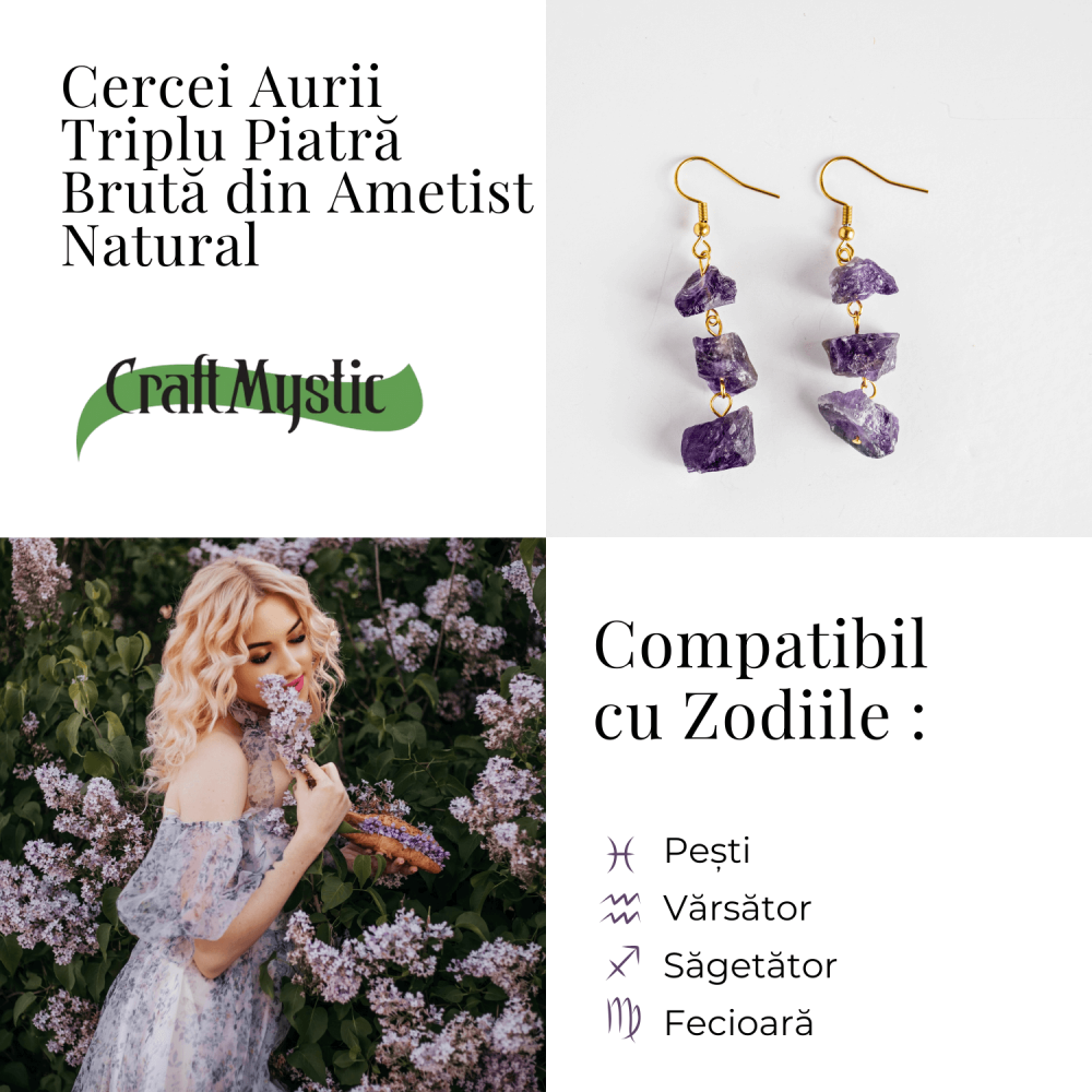 Cercei Aurii cu Triplu Piatra Ametist Brut Natural – Energie, Stil si Unicitate [5]
