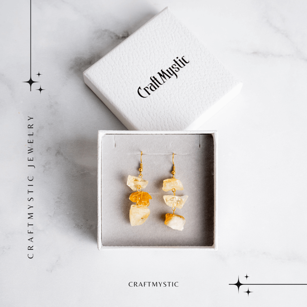 Cercei Aurii cu Triplu Piatra de Citrin Brut – Putere si Energie Pozitiva [8]