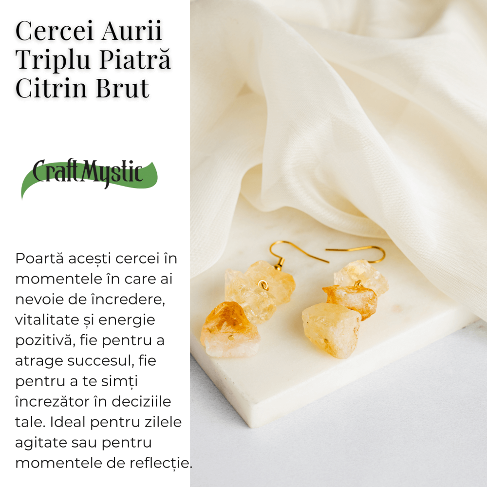 Cercei Aurii cu Triplu Piatra de Citrin Brut – Putere si Energie Pozitiva [3]