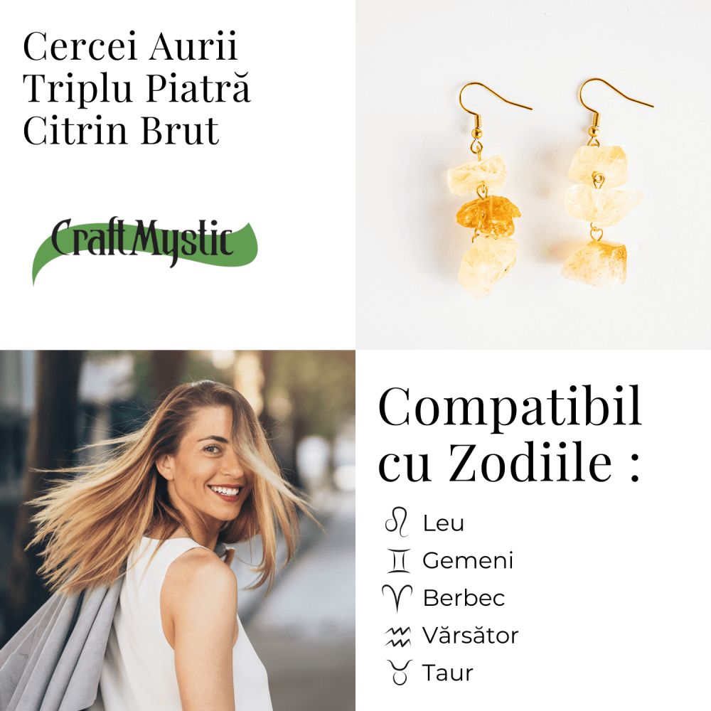 Cercei Aurii cu Triplu Piatra de Citrin Brut – Putere si Energie Pozitiva [5]