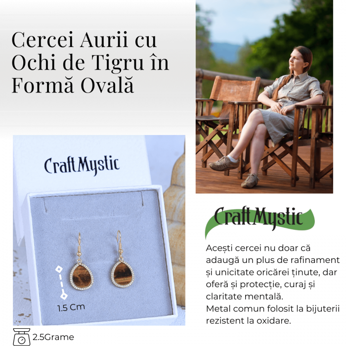 Cercei aurii ochi de tigru oval, pentru protectie si curaj [4]