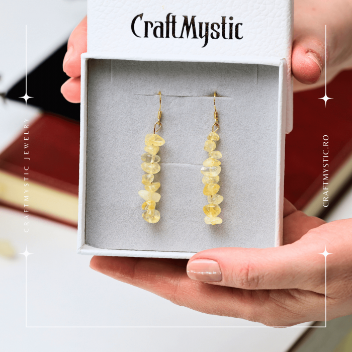 Cercei Lungi cu Pietre Semipretioase de Citrin Natural si Elemente din Alama, Bijuterii Aurii pentru Femei [2]