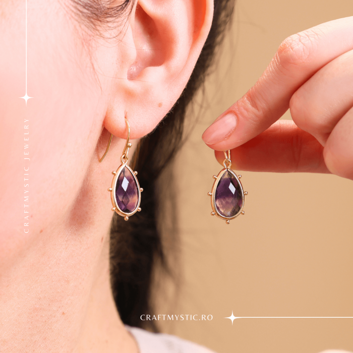 Cercei Aurii Eleganti cu Ametist Fatetat [2]