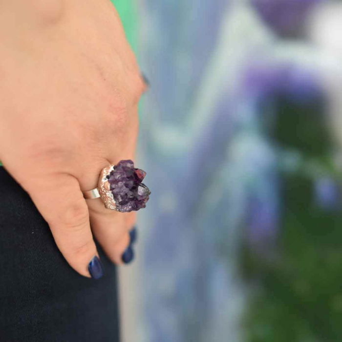 Inel ajustabil cu piatra naturala cluster Ametist [3]