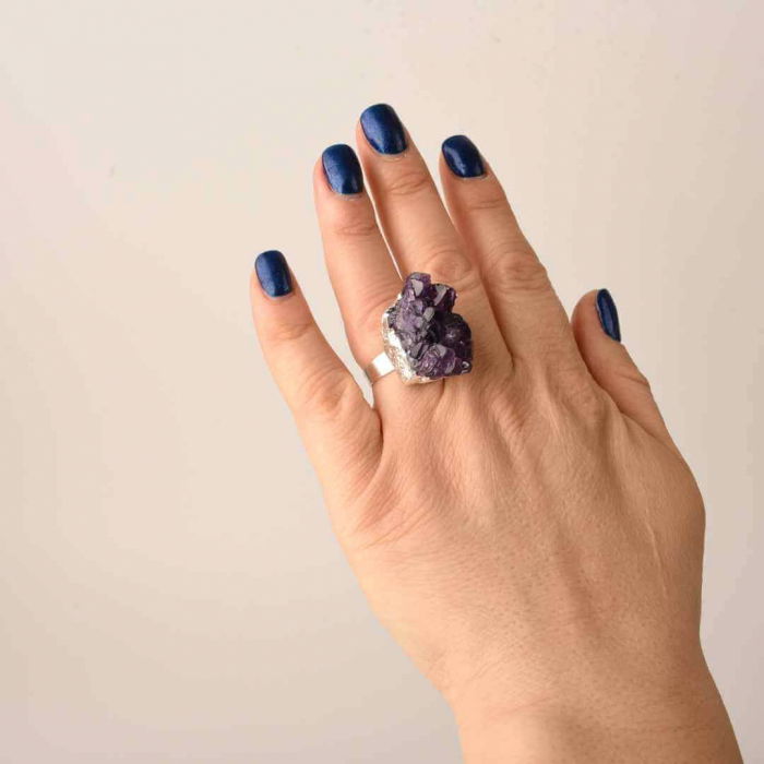 Inel ajustabil cu piatra naturala cluster Ametist [2]